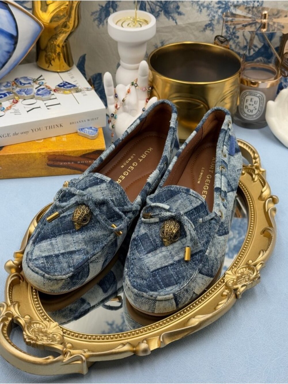 🆕 KURT GEIGER LONDON 🧿 NWOT Eagle Moccasin Loafer, Denim Patchwork - Sz 37 US7